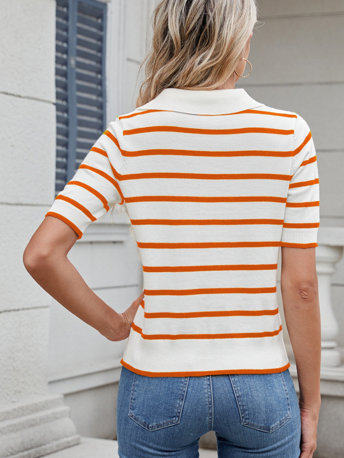 Striped Johnny Collar Short Sleeve Sweater