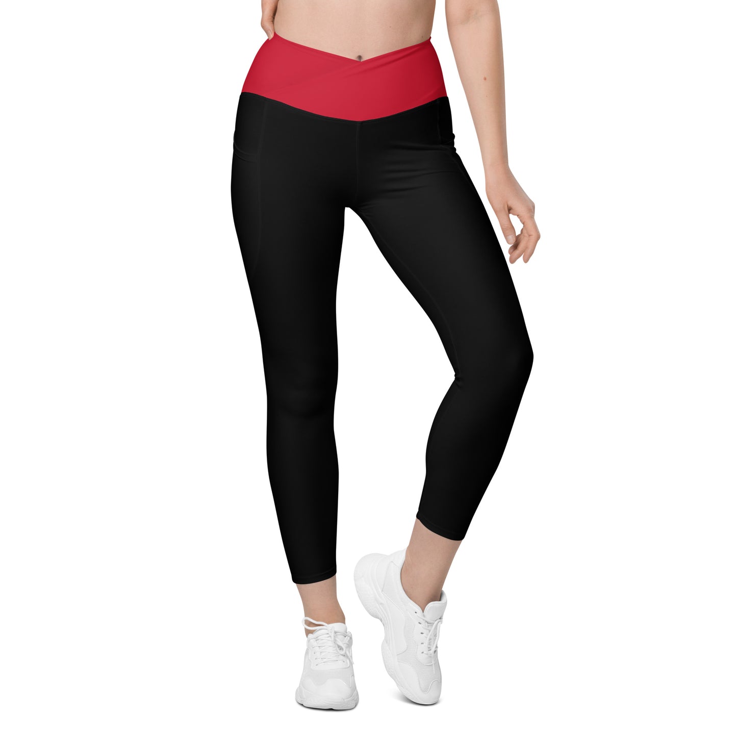 Black Red Crossover Leggings with Pockets