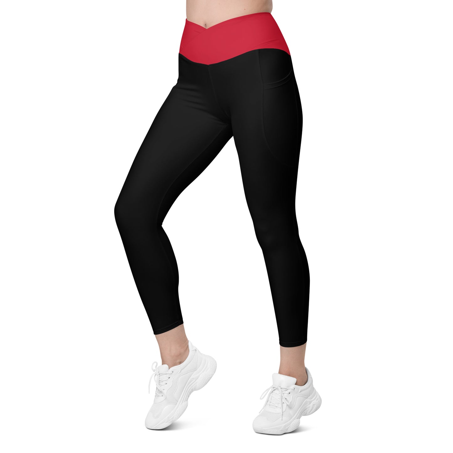 Black Red Crossover Leggings with Pockets