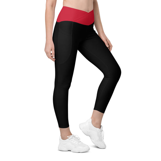 Black Red Crossover Leggings with Pockets