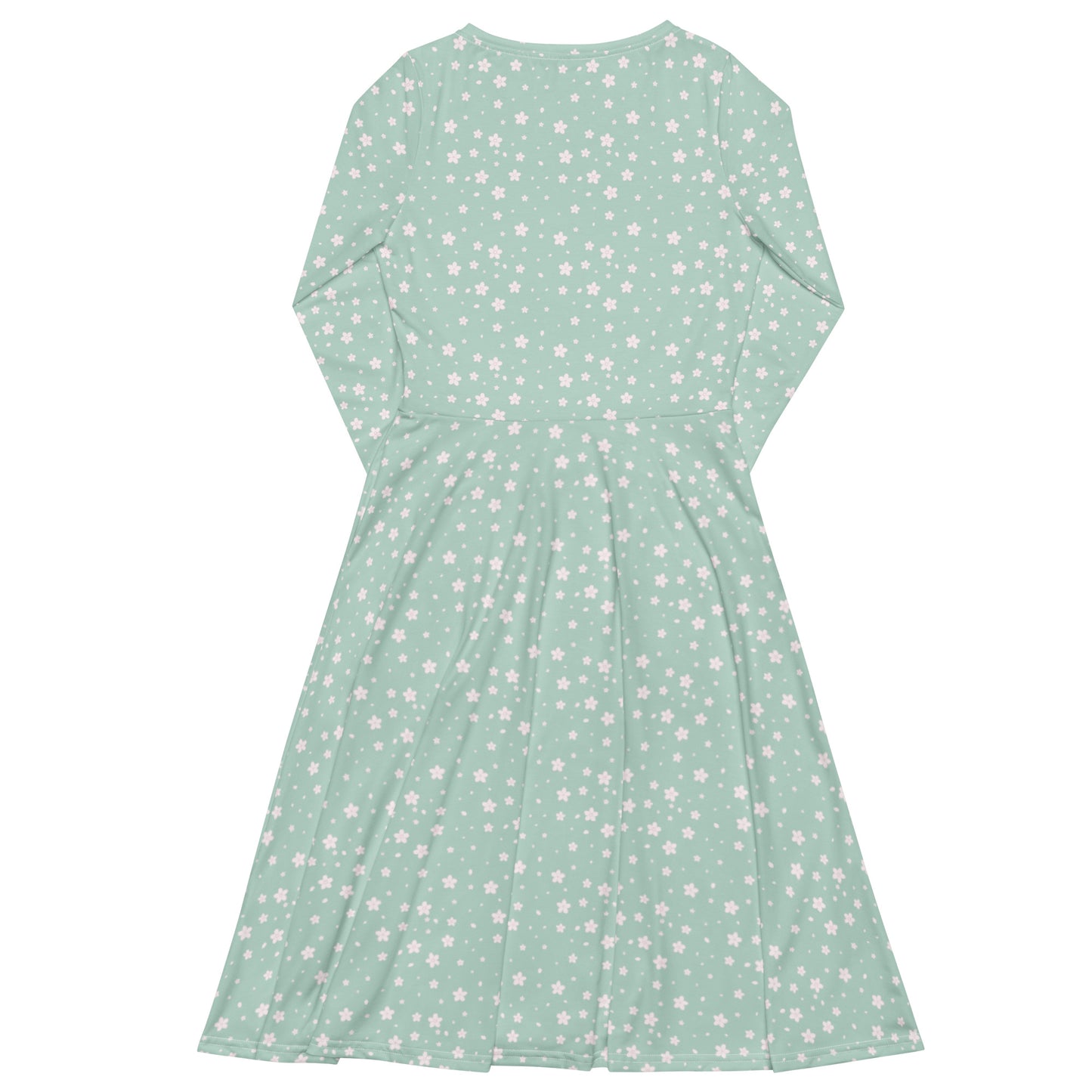 White Flowers Mint Long Sleeve Midi Dress