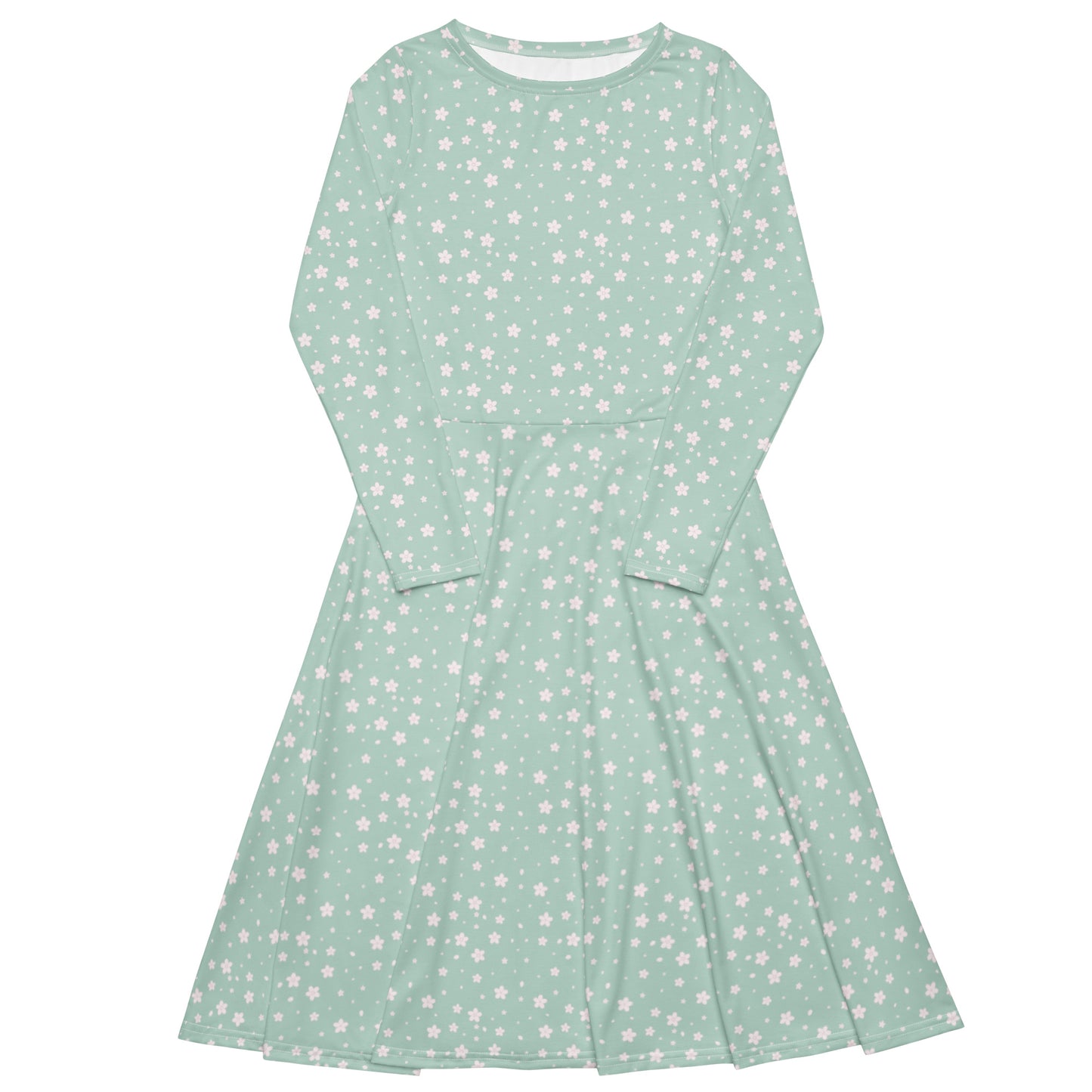 White Flowers Mint Long Sleeve Midi Dress