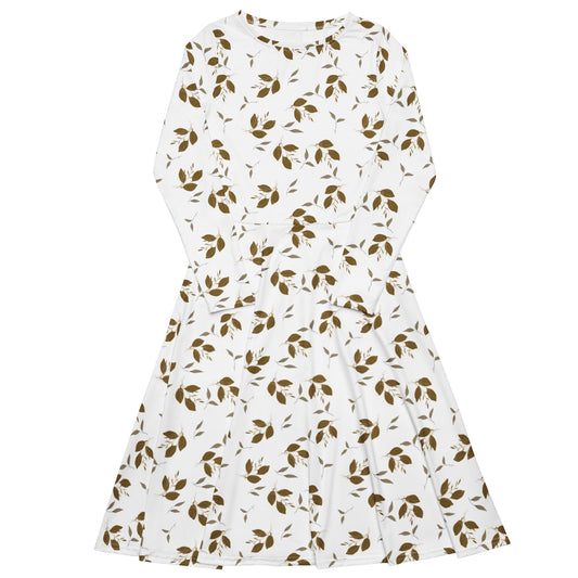 Brown Leaves Long Sleeve Midi Dress