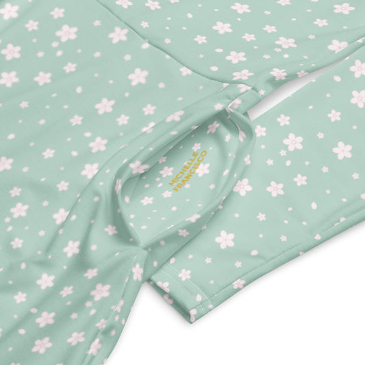 White Flowers Mint Long Sleeve Midi Dress