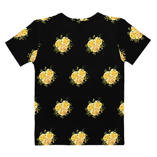 Yellow Flowers Black Crew Neck T-shirt