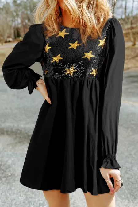 Sequin Star Round Neck Flounce Sleeve Mini Dress Michelle Francisco Sequin Star Round Neck Flounce Sleeve Mini Dress Michelle Francisco