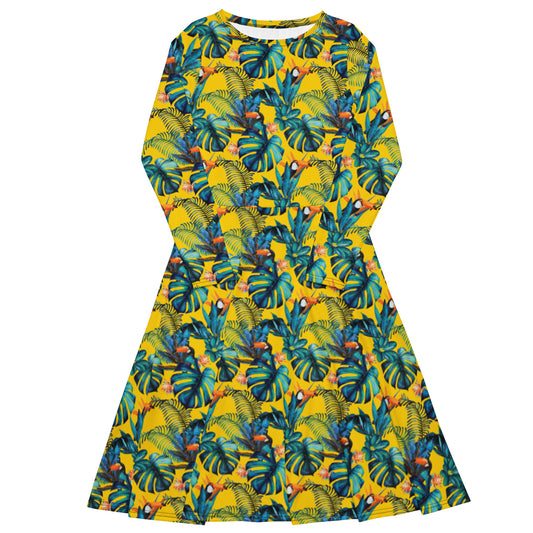 Yellow Monstera Long Sleeve Midi Dress - Michelle Francisco