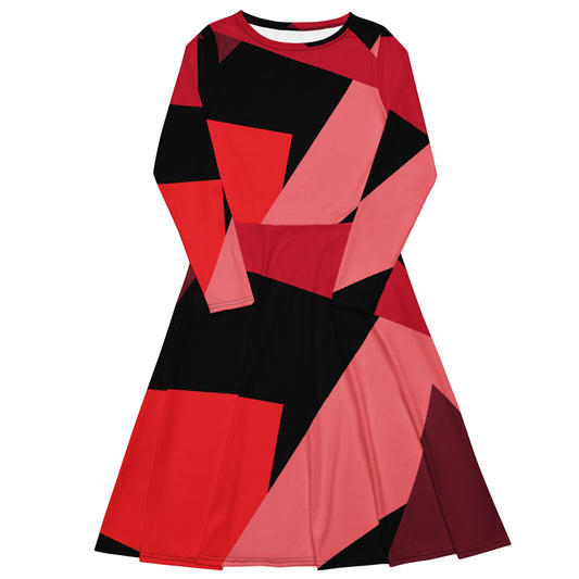Red Black Art Long Sleeve Midi Dress