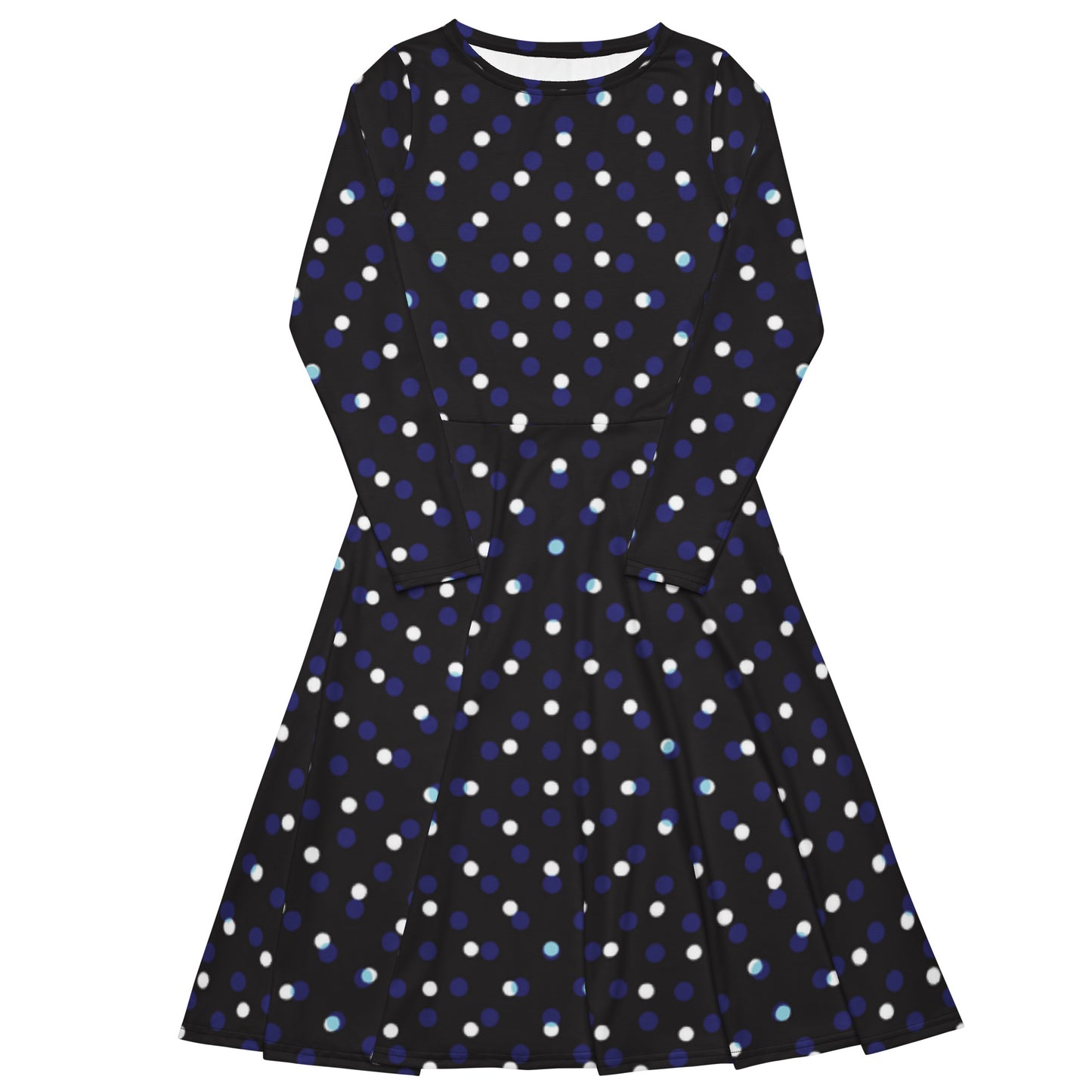 Blue White Polka Long Sleeve Midi Dress