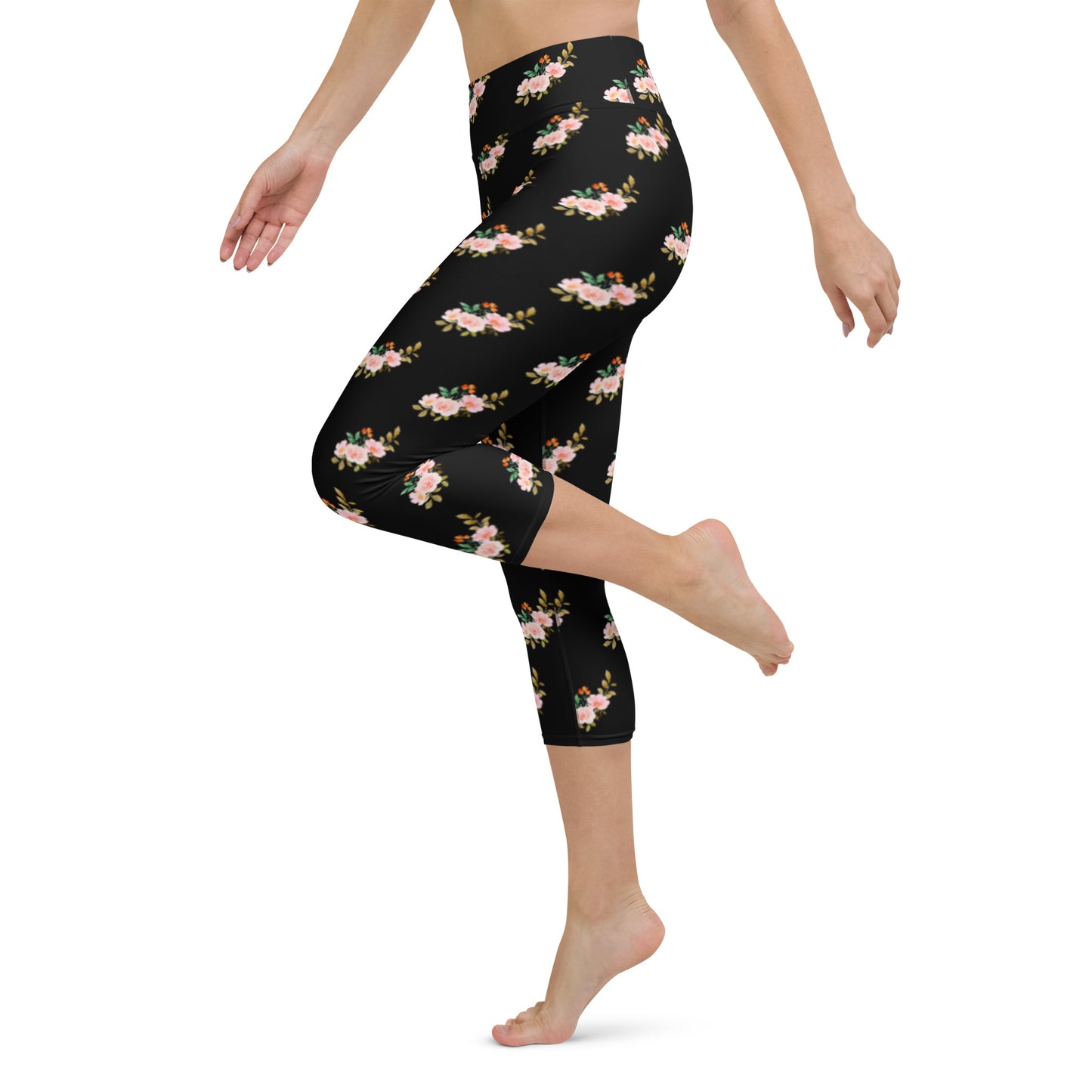 Pink Flowers Yoga Capri Leggings