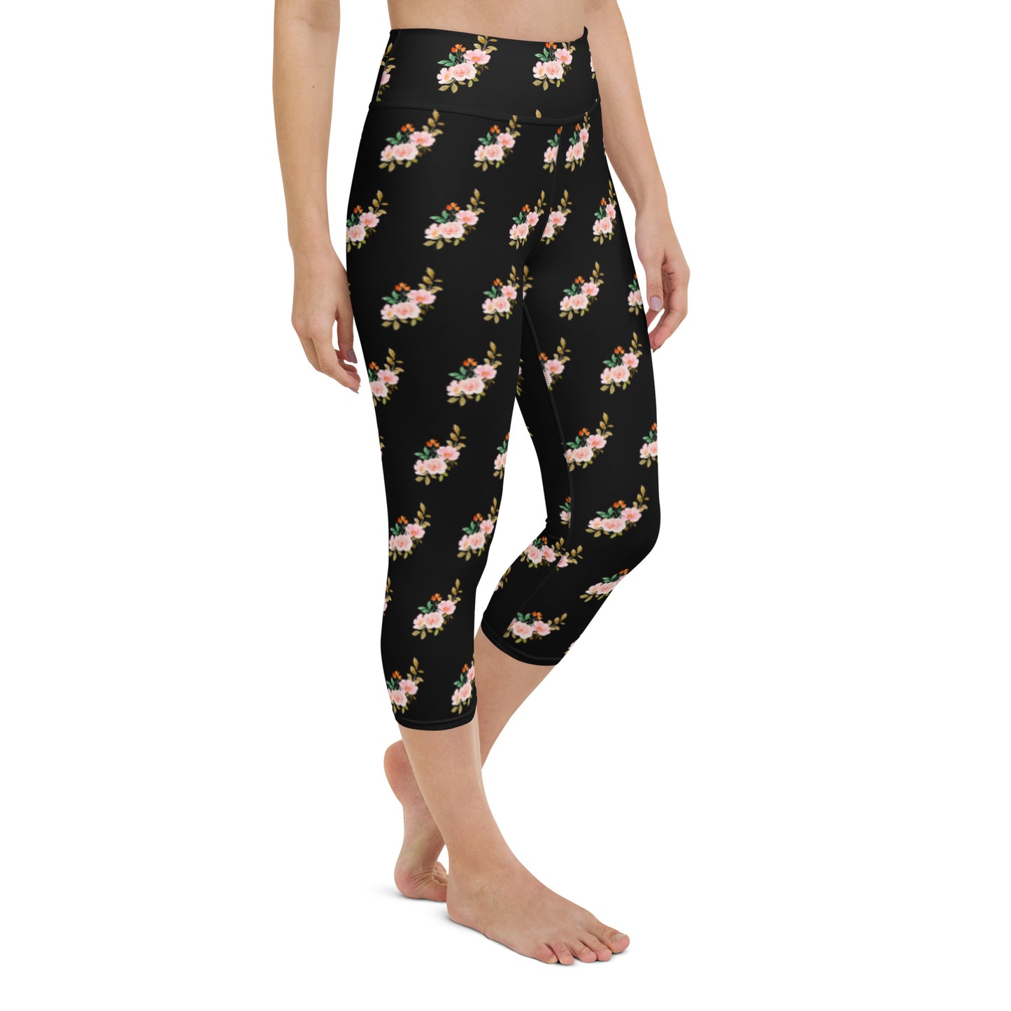 Pink Flowers Yoga Capri Leggings