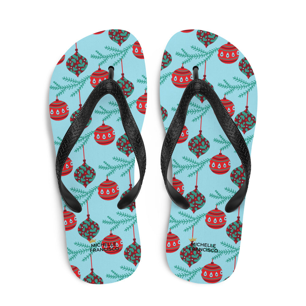 Blizzard Blue Christmas Tree Branch with Ornaments Flip-Flops