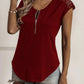 Lace Detail Half Zip Cap Sleeve T-Shirt