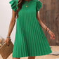 Pleated Round Neck Cap Sleeve Mini Dress