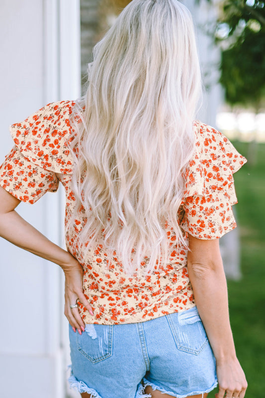 Floral Round Neck Flutter Sleeve Blouse