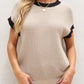 Contrast Trim Round Neck Cap Sleeve Knit Top