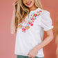 Embroidered Notched Neck Flounce Sleeve Top