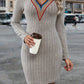 Contrast Detail V-Neck Long Sleeve Dress