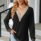Slit V-Neck Long Sleeve T-Shirt