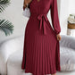 Pleated Tied V-Neck Long Sleeve Dress