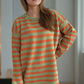 Distressed Striped Round Neck Long Sleeve Sweater