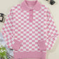 Checkered Collared Neck Long Sleeve Sweater