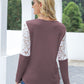 Waffle-Knit Lace Round Neck Long Sleeve T-Shirt