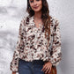 Ruched Printed V-Neck Long Sleeve Blouse