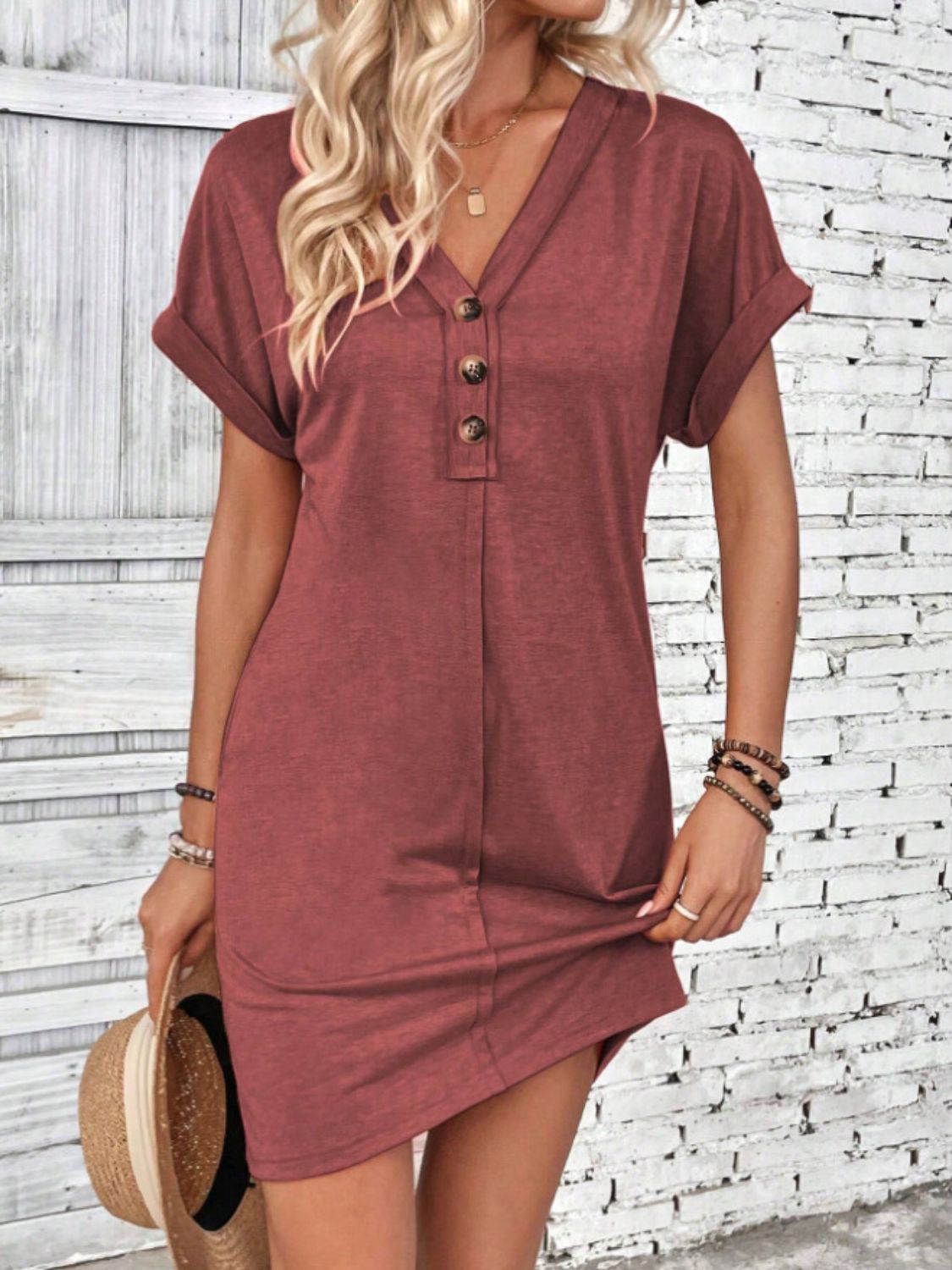 Quarter Button V-Neck Short Sleeve Dress