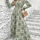 Smocked Printed V-Neck Flounce Sleeve Dress