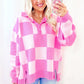 Slit Checkered Half Button Long Sleeve Sweater