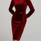 Round Neck Tie Waist Long Sleeve Velvet Dress