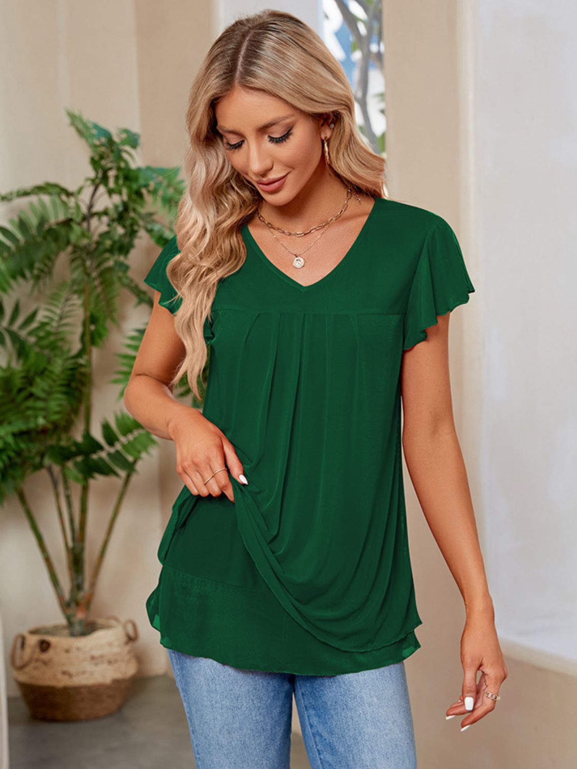 Ruched V-Neck Short Sleeve T-Shirt