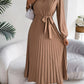 Pleated Tied V-Neck Long Sleeve Dress