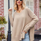 Slit V-Neck Dropped Shoulder Sweater