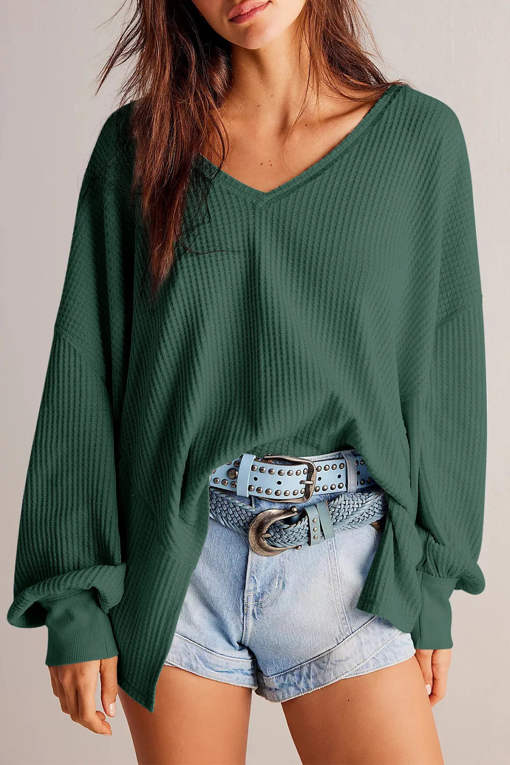 Waffle-Knit V-Neck Long Sleeve Top