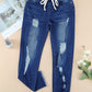 Drawstring Distressed Raw Hem Jeans with Pockets