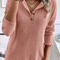 Quarter Button Round Neck Dropped Shoulder Knit Top