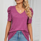 Heathered V-Neck Puff Sleeve T-Shirt
