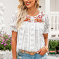 Embroidered Round Neck Flounce Sleeve Blouse