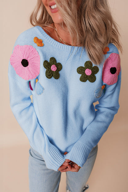 Crochet Flower Round Neck Dropped Shoulder Sweater - Michelle Francisco