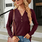 Waffle-Knit Notched Long Sleeve T-Shirt