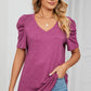Heathered V-Neck Puff Sleeve T-Shirt