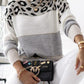 Leopard Color Block Round Neck Long Sleeve Sweater