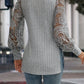 Slit Round Neck Lace Long Sleeve T-Shirt