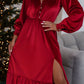 Ruffle Hem Slit V-Neck Long Sleeve Dress