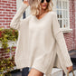 Slit V-Neck Dropped Shoulder Sweater
