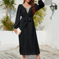 V-Neck Long Sleeve Pleated Dress