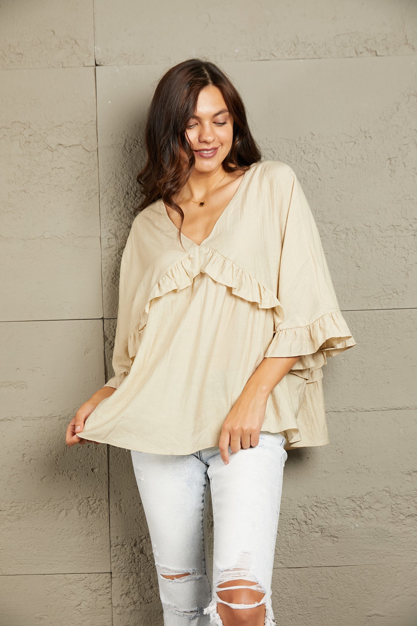 Ruffled V-Neck Half Sleeve Blouse