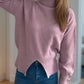 Front Slit Decorative Button Turtleneck Sweater